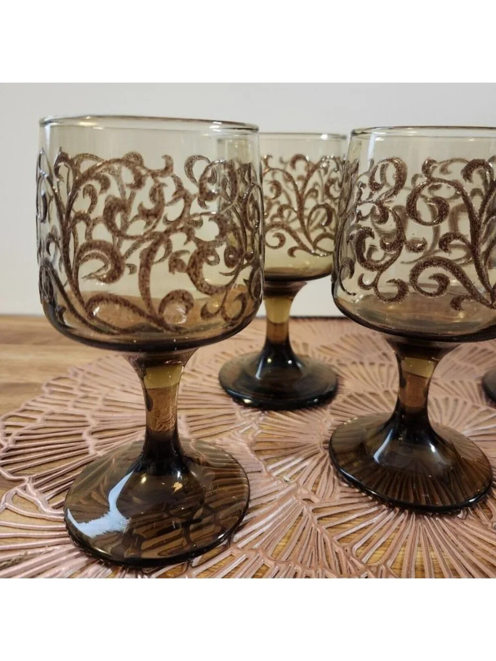 Libbey Prado Tawny Brown Raised Scroll Vintage Wine Water Goblets